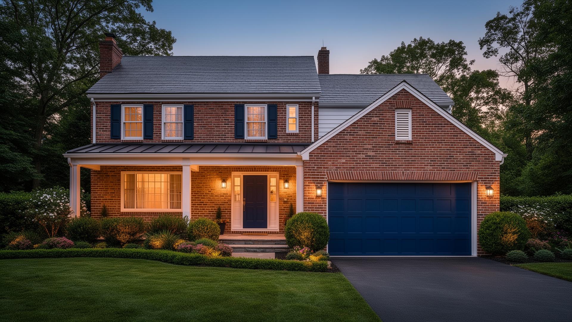 Beautiful colonial home with modern navy blue garage door at dusk